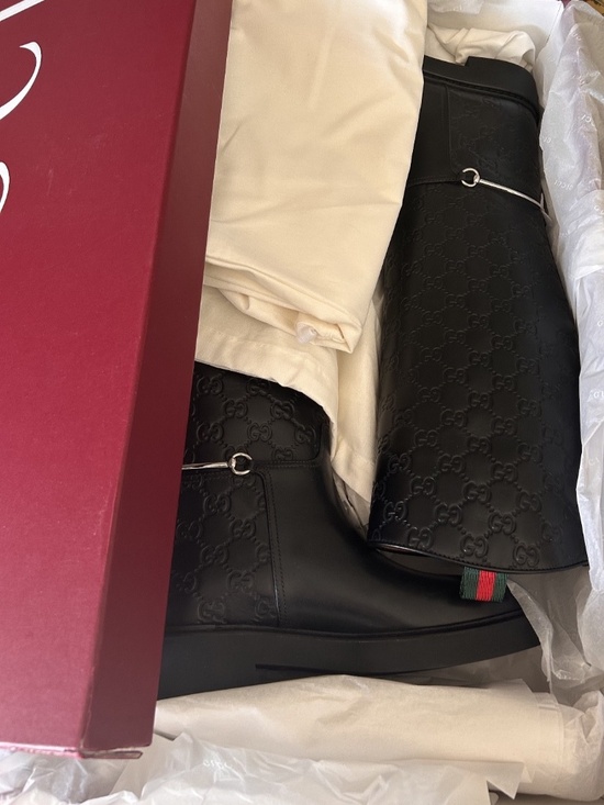 GUCCI Équestrian Noir Knee Boots Monogram Embossed Leather Size 8.5 NIB 806391 - Picture 11 of 12